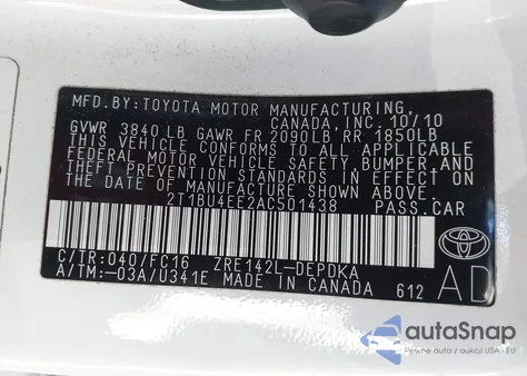 2010 Toyota Corolla Le from USA, damaged, VIN 2T1BU4EE2AC501438